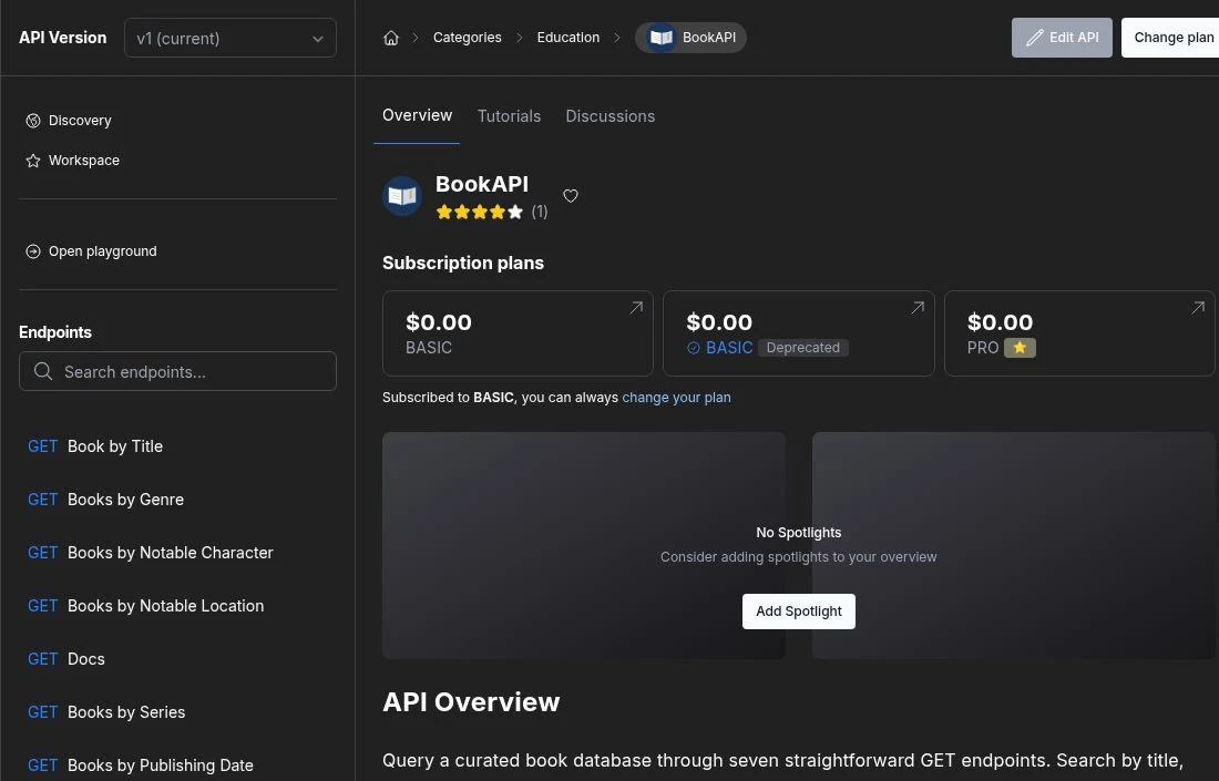 BookAPI public listing and endpoints on RapidAPI